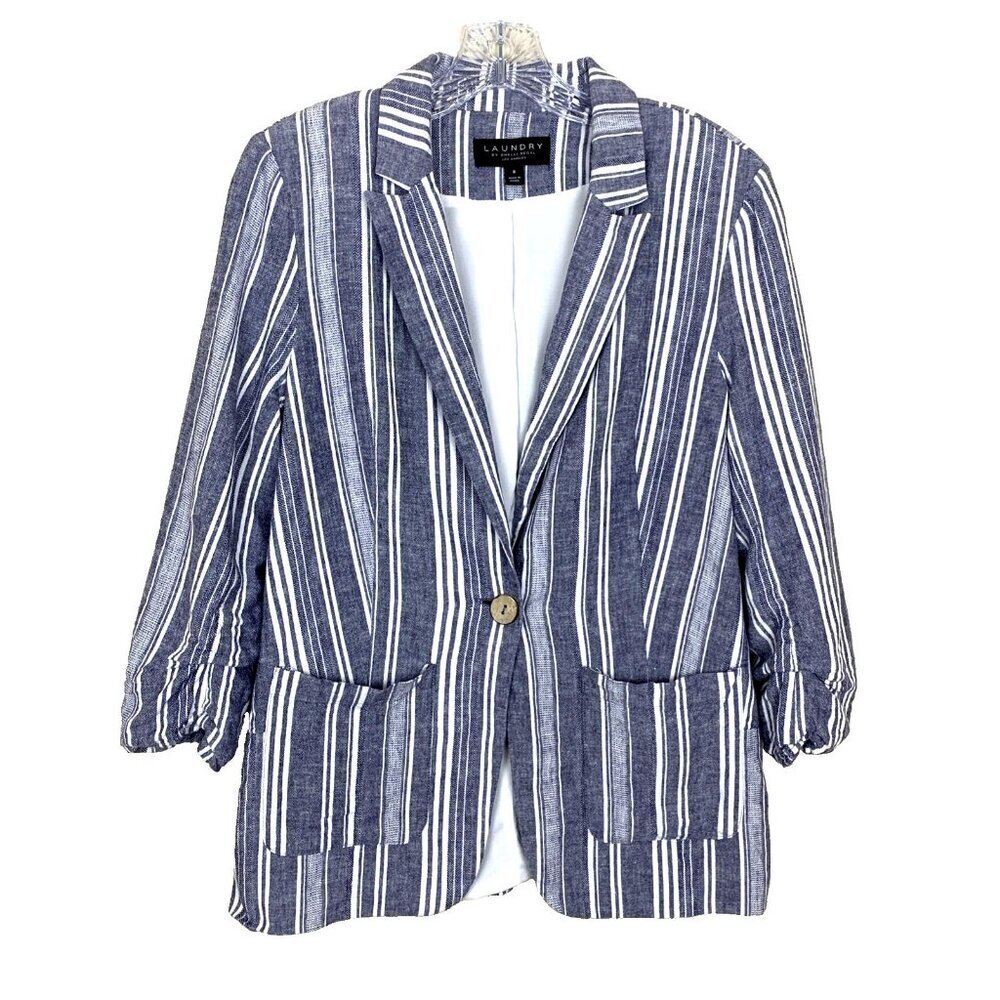 Laundry by Shelli Segal Womens 8 100% Linen Blend Blazer Blue Stripe Boho Beachy